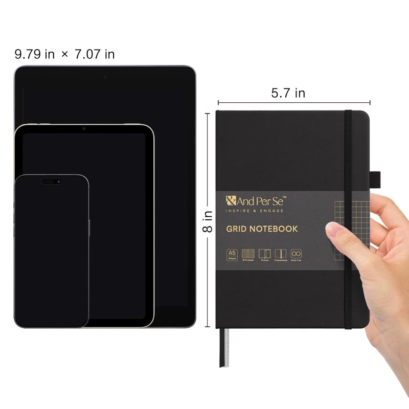 ⩓ Per Se Graph Journal Notebook، 160 صفحة، 5.7 × 8 بوصة مجلات ورقية سميكة مسطرة بالكلية للكتابة، دفتر ملاحظات بغلاف شبكي (حزمة واحدة، أسود) - Image 2